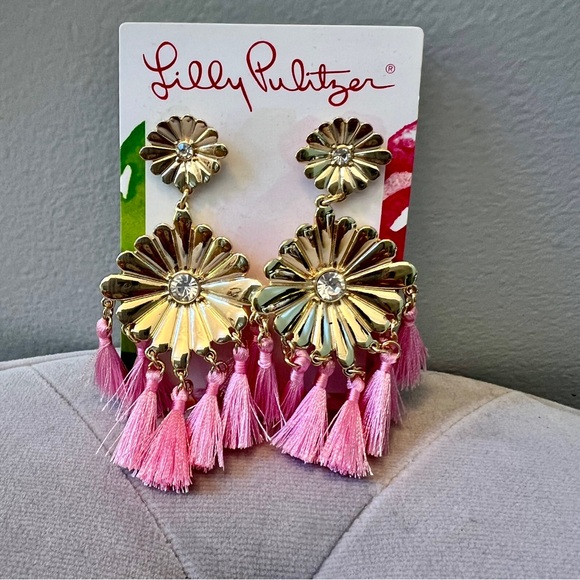 Lilly Pulitzer Mandevilla Statement Earrings with Pink Tassels, NWT - Picture 3 of 3